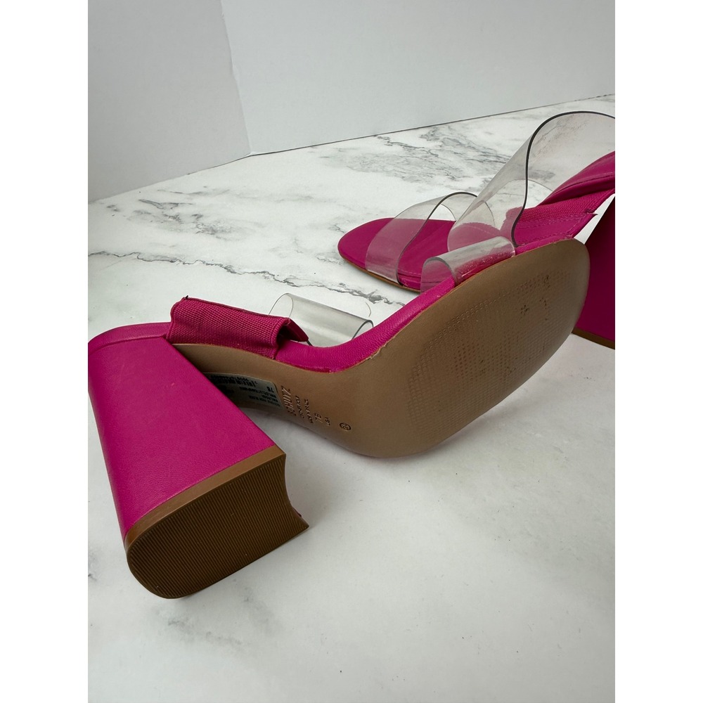 Schutz Victorie High Block Sandal Clear Straps Cow Leather Sz 7 Hot Pink - Picture 8 of 8